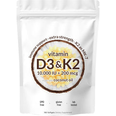 Vitamin D3 K2 Supplement 180 Virgin Coconut Oil Softgels Vitamin D & K Support Calcium Absorption, Bone, Immune & Heart Health