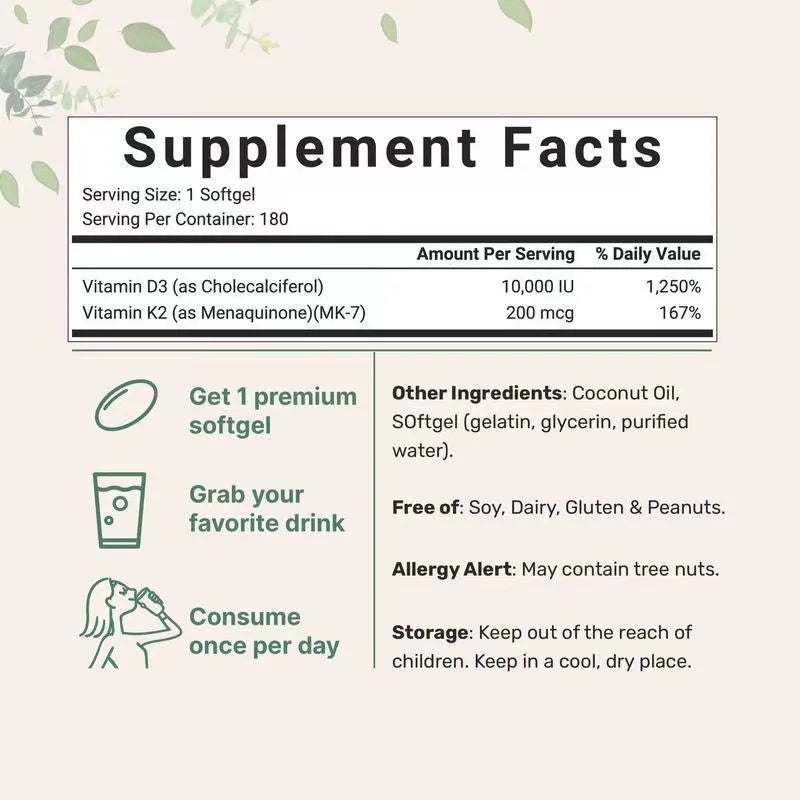 Vitamin D3 K2 Supplement 180 Virgin Coconut Oil Softgels Vitamin D & K Support Calcium Absorption, Bone, Immune & Heart Health