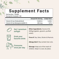 Vitamin D3 K2 Supplement 180 Virgin Coconut Oil Softgels Vitamin D & K Support Calcium Absorption, Bone, Immune & Heart Health